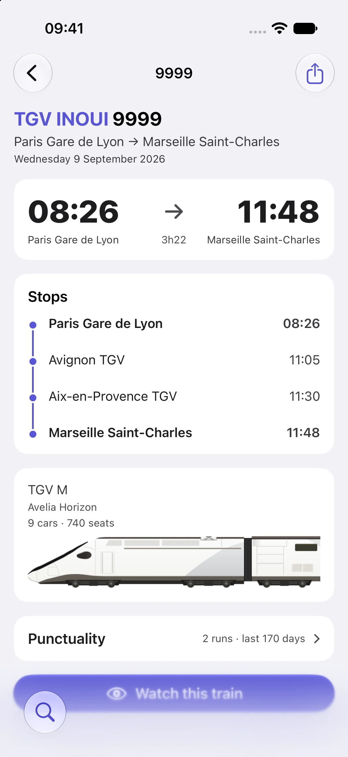 A tracked TGV INOUI train in Trayn